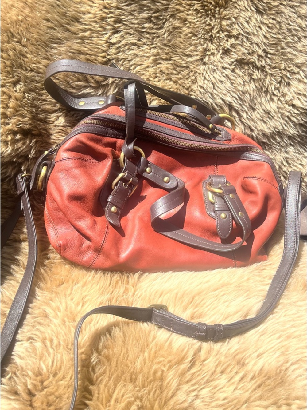 Lucky Brand Red Brown Leather Shoulder Bag with Dark Brown Trim